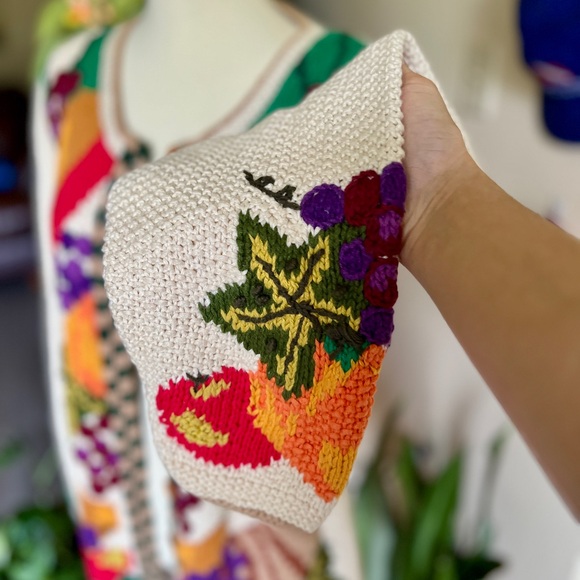 ☾ Vintage RARE hand-knit harvest scene fall graphic cardigan (cotton / ramie) - Picture 5 of 8